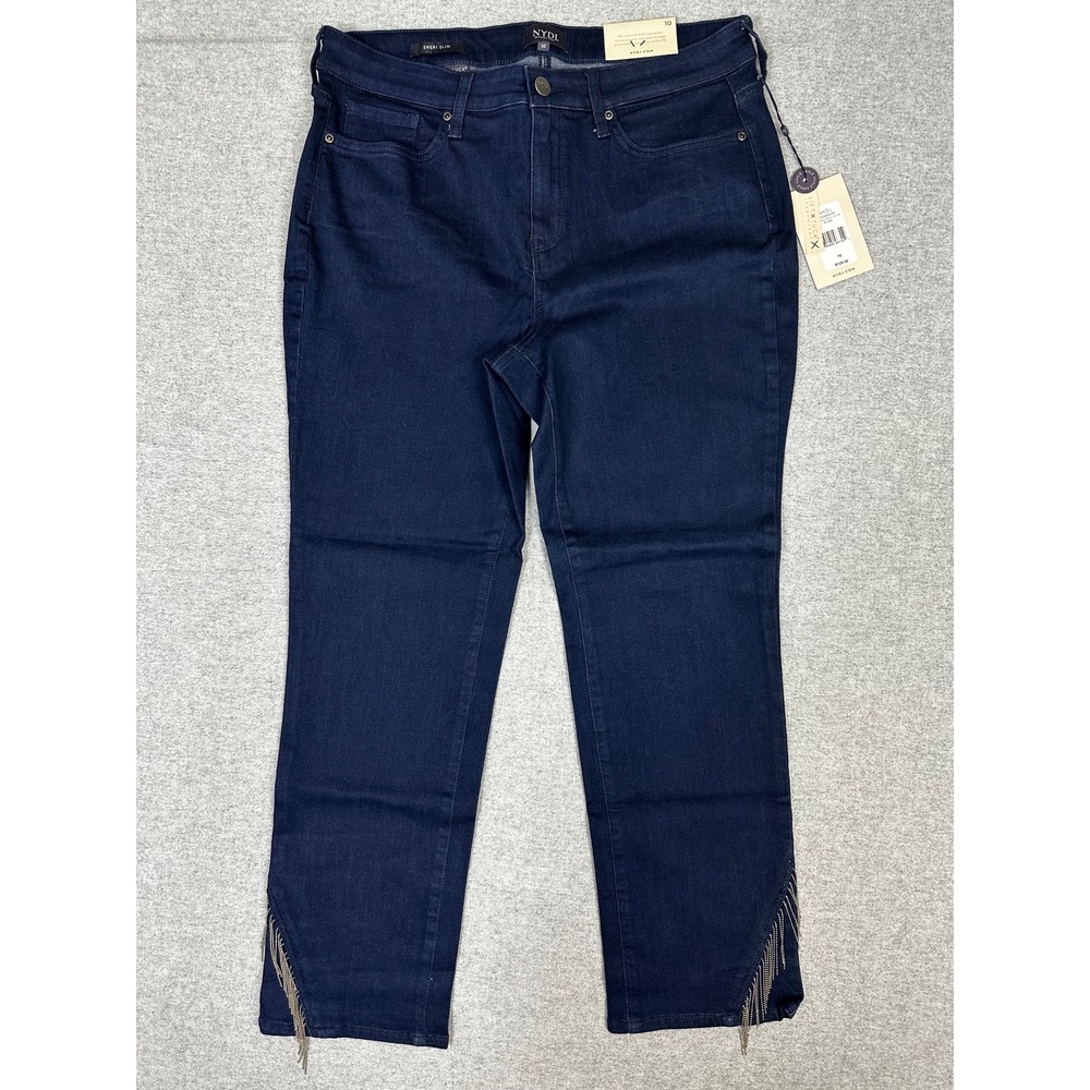 NEW NYDJ Sheri Slim Ankle Jeans Women 10 Blue NWT Chain Fringe Hem Rinse